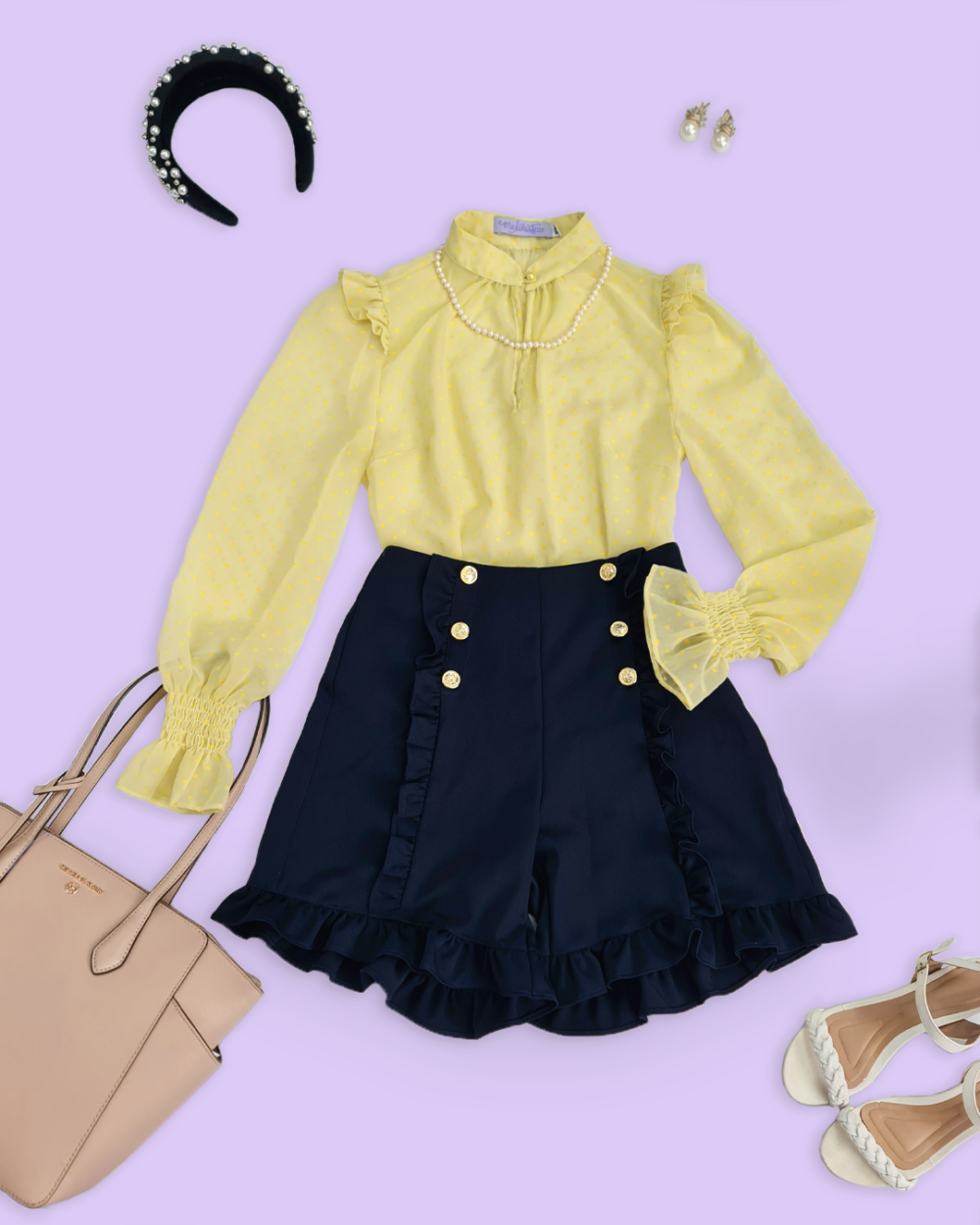 outfit flatlay, yellow blouse and navy sailor shorts