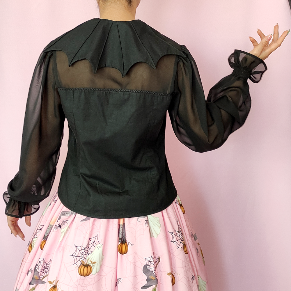 Bat Collar Blouse with chiffon long sleeves in black by melikestea